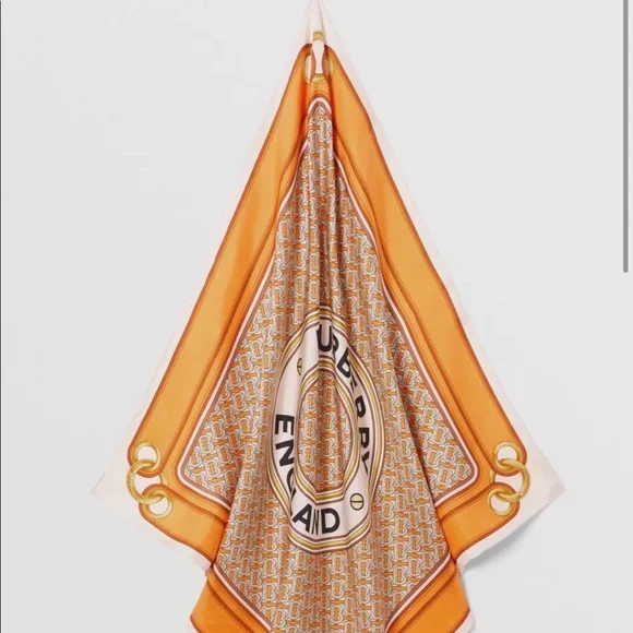 Burberry Print Logo Silk Orange Twill Scarf - Picture 4 of 16